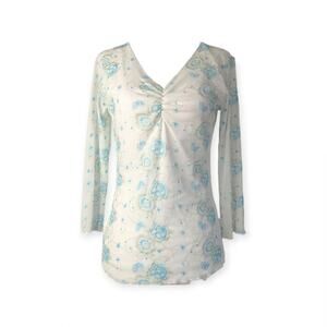 Vintage 90's Y2K V-Neck Blouse White Mesh Overlay Embroidered Fairycore Aqua